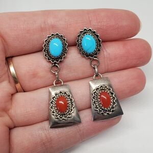 Running Bear Native American Sterling Silver Turquoise Coral Earrings